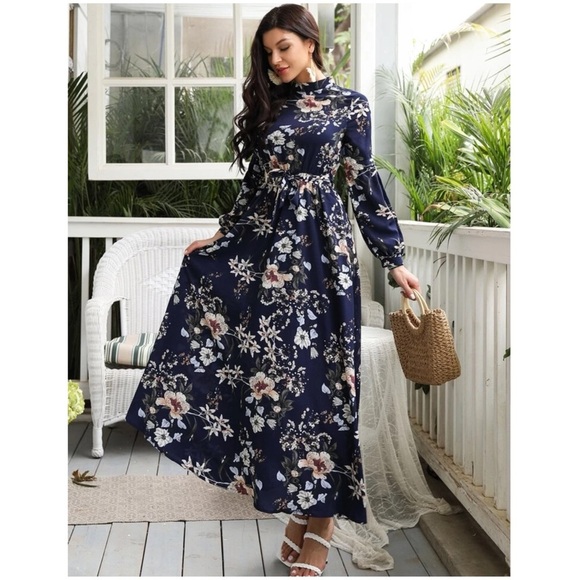 New Allover Floral Print Self-Tie Swing Maxi Dress Navy Blue Size Medium NWOT - Picture 6 of 7